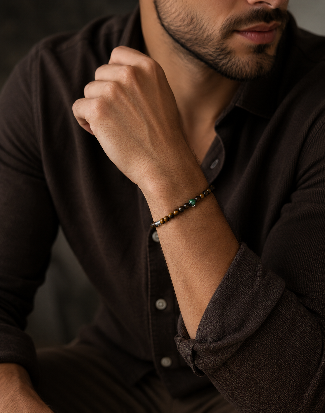 Walter Silver and Stone SKINNY Bracelet - Brown Tigers Eye and Green Jade
